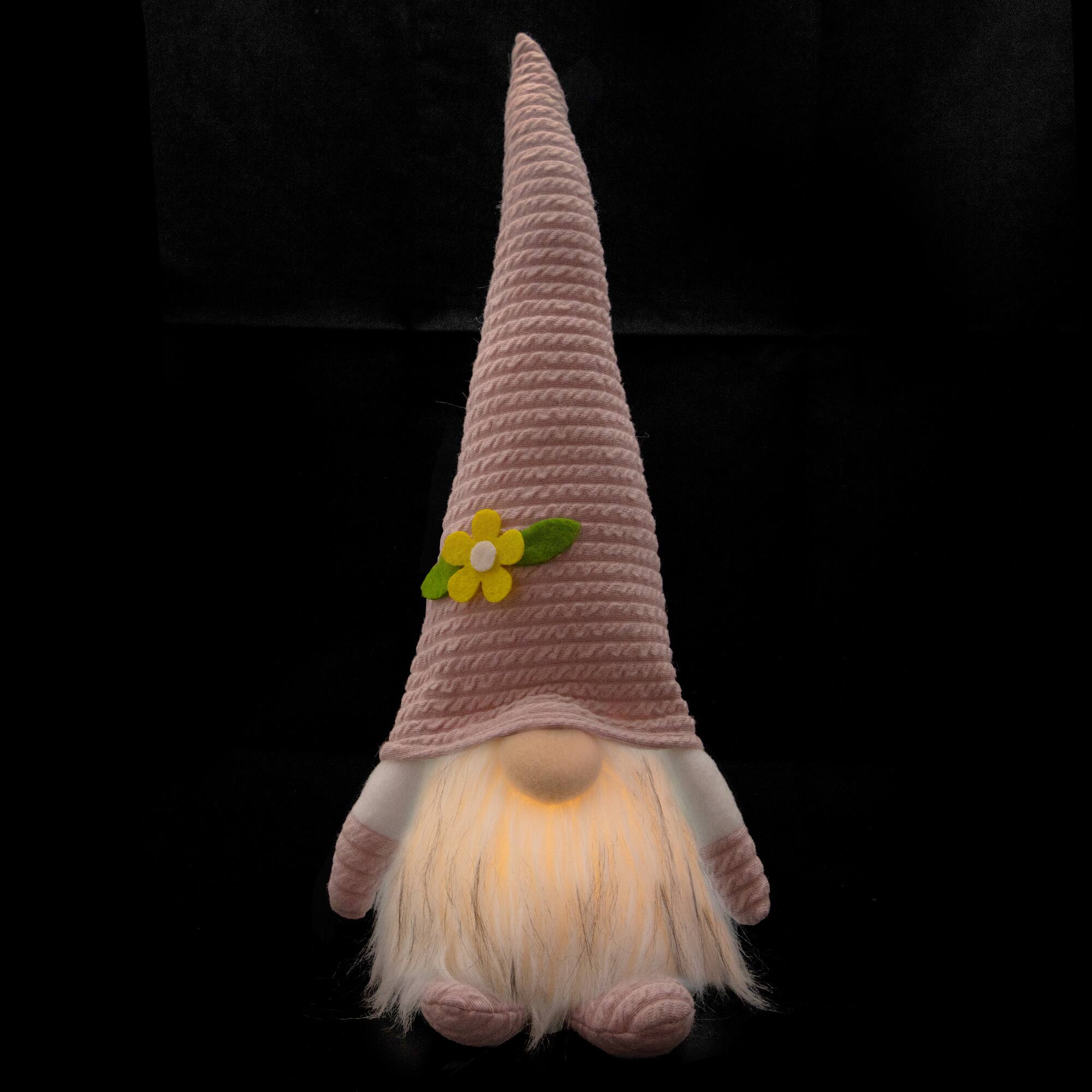 12" Lighted Pink Spring Gnome with Flower Hat